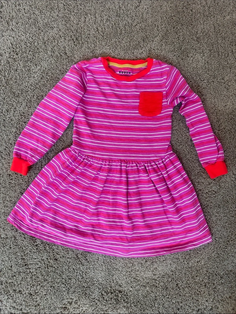 Boden Bright Pink Striped Long-Sleeve Dress with Red Pocket
